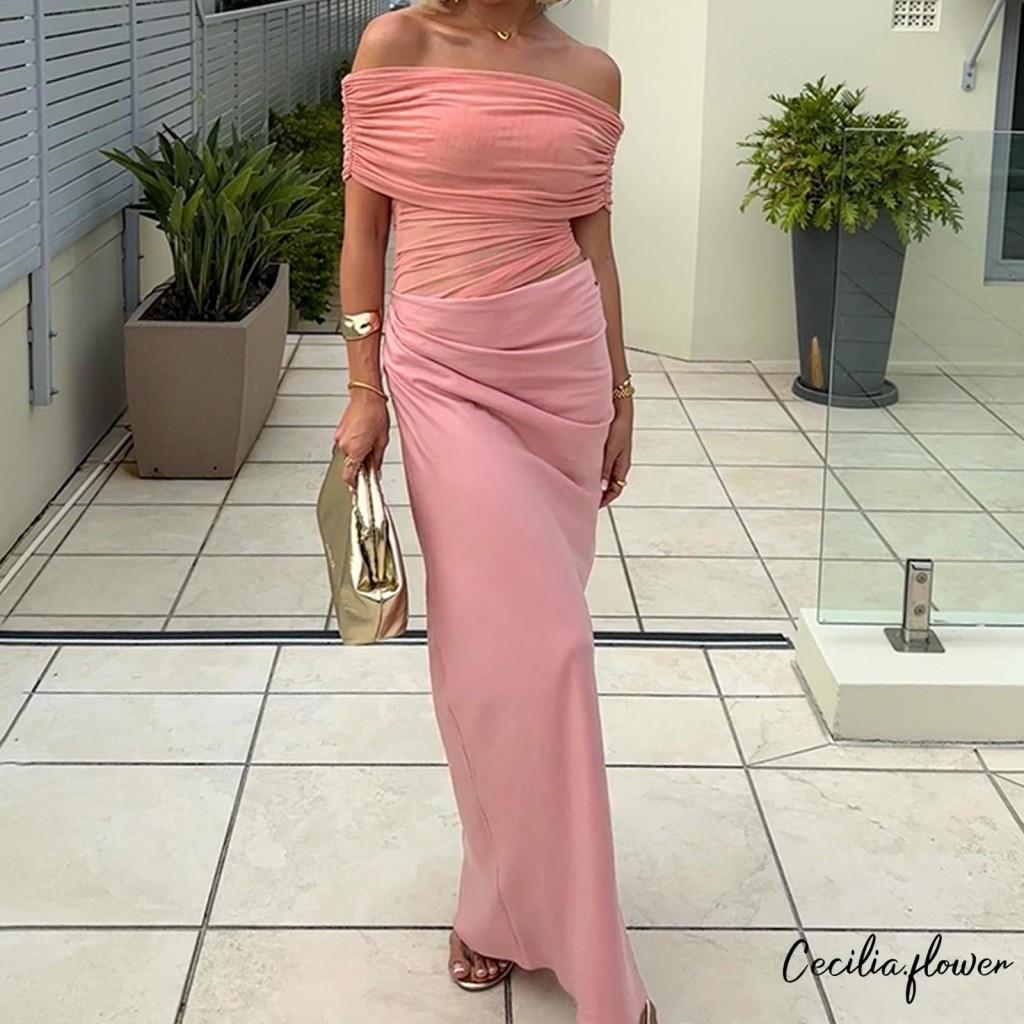 Đầm dài nữ màu trơn Thuyền cổ lệch vai Đầm Bodycon thời trang mùa hè