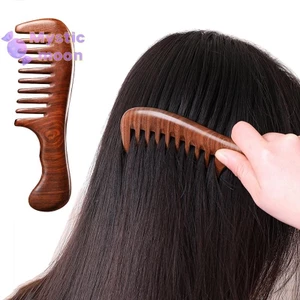 Lược chải tóc bằng gỗ đàn hương tự nhiên Máy mát xa Lược gỗ chống tĩnh điện Răng rộng dài Detangle Lược gỗ đàn hương Chăm sóc tóc Quà tặng gia đình [Mới]