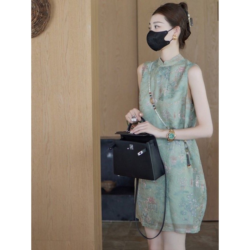 Phong Cách Trung Hoa Mới Phong Cách Trung Hoa Cải Tiến Váy Sườn Xám Xanh Nữ Mùa Hè Cao Cấp Cảm Giác Sang Trọng Người Nổi Tiếng Emb