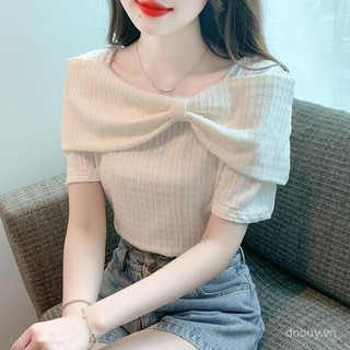 Mùa Hè 2025 Mới Nữ Nơ Chi Tiết Vai Ngắn Tay Thiết Kế Áo Voan Top Độc Đáo Và Phong Cách Áo