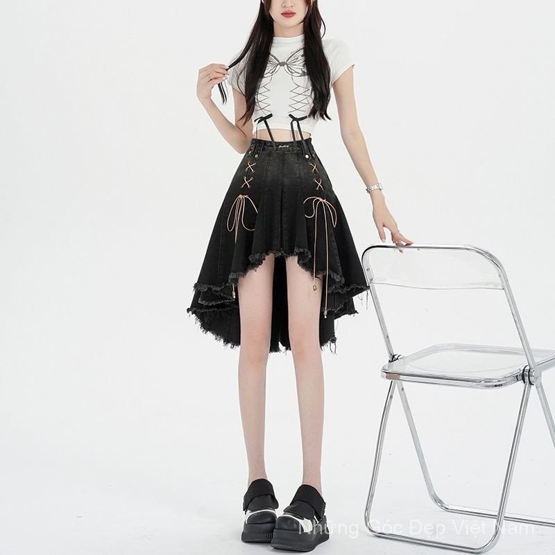[Giảm Giá] Váy denim xếp ly đen retro, phong cách mới cho mùa hè, ôm body quyến rũ - QVTK