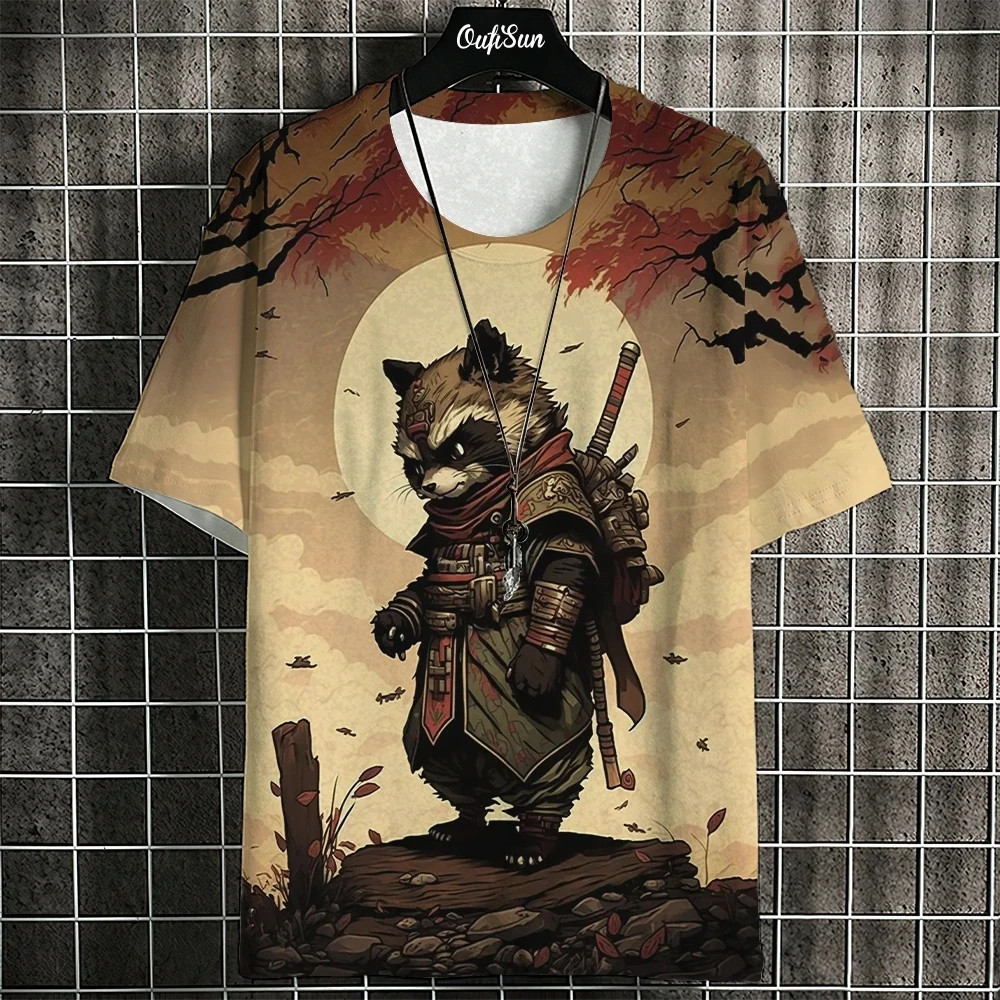 Áo thun unisex phong cách Nhật Bản, in hình mèo samurai 3D, kèm bông tai kẹp