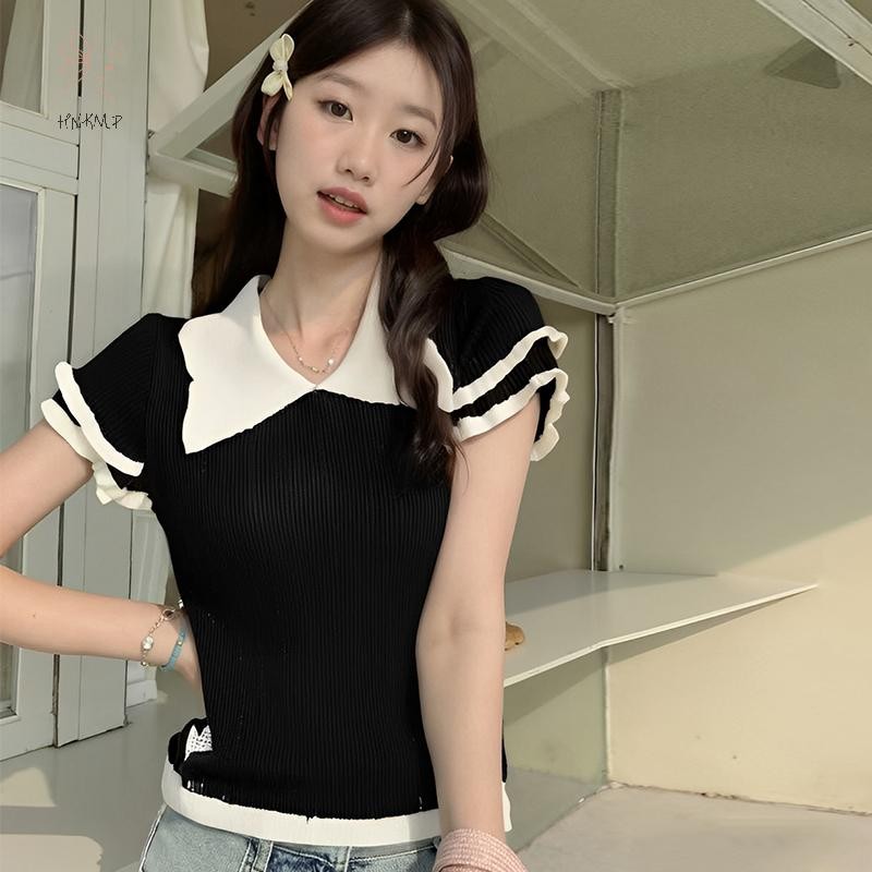 HNKMP áo thun nữ mùa hè cổ rỗng, tay ngắn, màu sắc tương phản