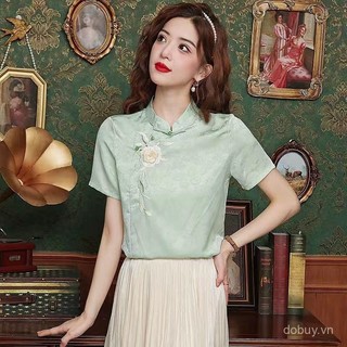 Mùa hè 2025 Hàng mới về Áo sơ mi ngắn tay cổ điển có cổ đứng phong cách Trung Quốc buộc nút và thiết kế thêu Jacquard