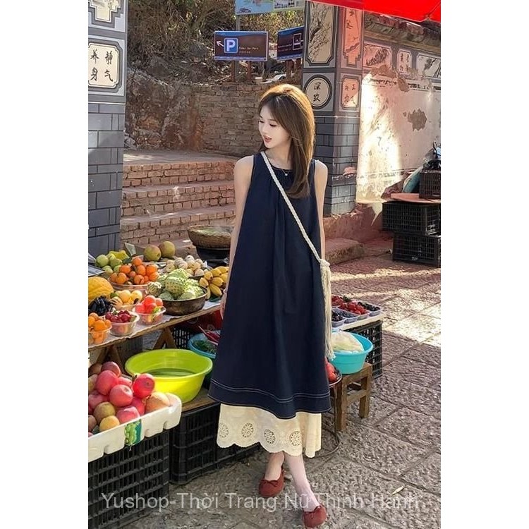 [YU]Váy vest mùa hè phong cách Hàn Quốc, kiểu giả hai mảnh, dáng dài không tay, phối màu cổ điển.