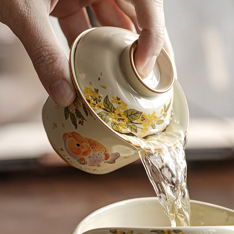 ✨Cỏ Xám Quế Vàng Ercai Gaiwan Gốm Hộ Gia Đình Retro Bộ Trà Kung Fu Cao Cấp