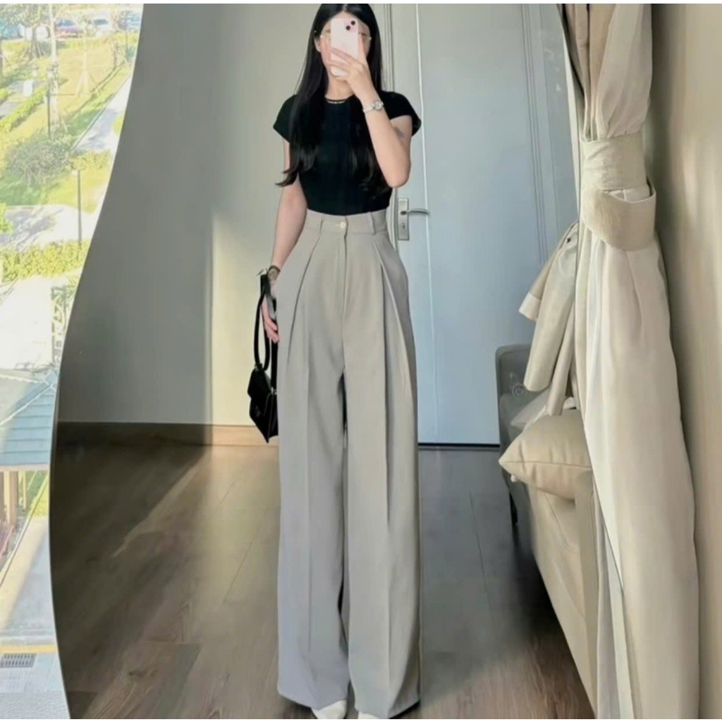 Quần Tây Suông Ống Rộng (Chất Gold Nhật) Phối Ly Lệch Lưng Cao Siêu Tôn Dáng