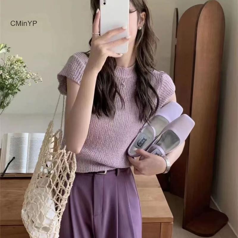 Cminyp Mùa Hè Màu Trơn Retro Dệt Kim Áo Thun Nữ Cổ Tròn Bay Tay Crop Top Glory