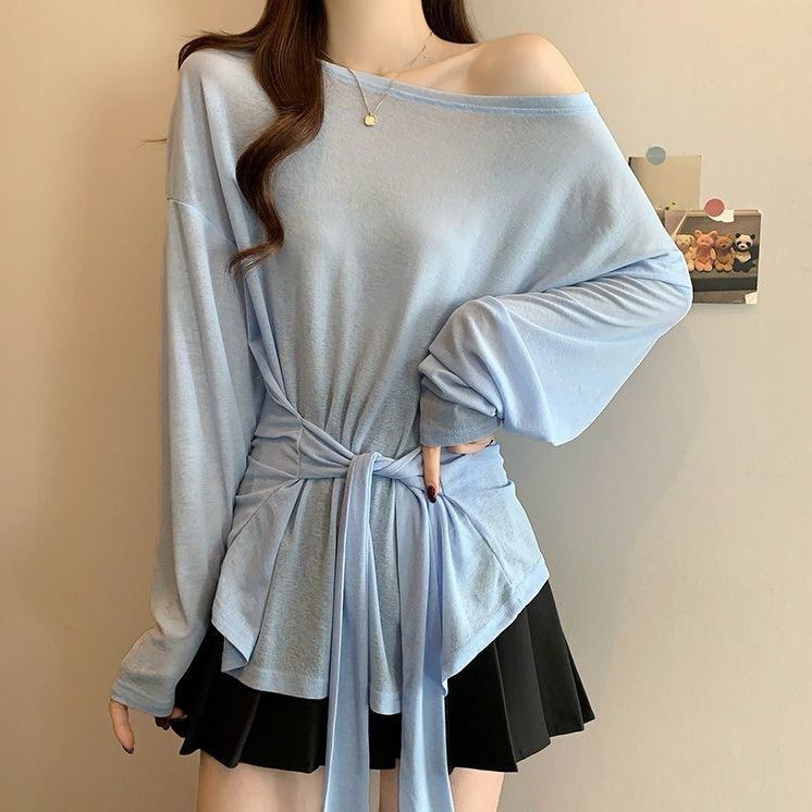 Milyfashion Loose Size Lớn Dài Tay Chống Nắng T Mỏng Mùa Hè Cổ Tròn Dây Buộc Nẹp @
