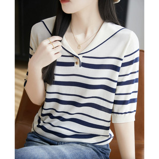 Retro Sọc Tay Ngắn Phong Cách Hàn Quốc Băng Lụa Dệt Kim Rời Phong Cách Phương Tây Cổ Áo Thun Mỏng Mùa Hè Áo Thun Top Tencel Áo Thun