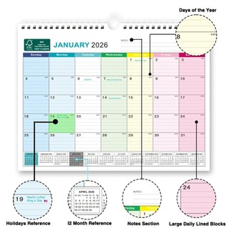 Lịch tiếng Anh ALMA1, Giấy dày tháng 1. 2026 - Tháng Sáu. Lịch treo tường 2027, 2026 Ngày lễ học tập hàng ngày được đánh dấu bằng móc treo lịch tại nhà