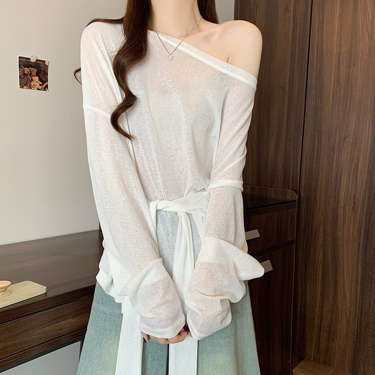 Milyfashion Loose Size Lớn Dài Tay Chống Nắng T Mỏng Mùa Hè Cổ Tròn Dây Buộc Nẹp @