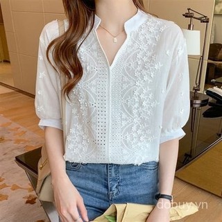 Nữ Mùa Hè 2025 Mới Nguyên Chất Cotton Thời Trang Áo Sơ Mi Đứng Cổ Thêu Rỗng Ra Năm Inch Tay Áo