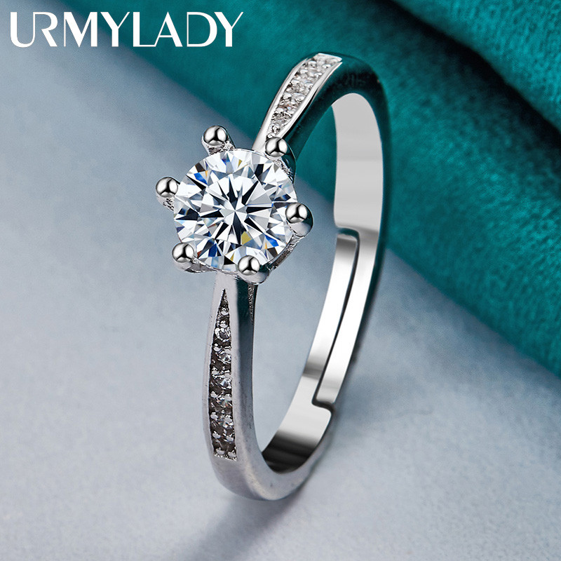 URMYLADY Bạc 925 Sáu Móng Vuốt Nhẫn Zircon Cho Nữ Tiệc Cưới Trang Sức Cao Cấp