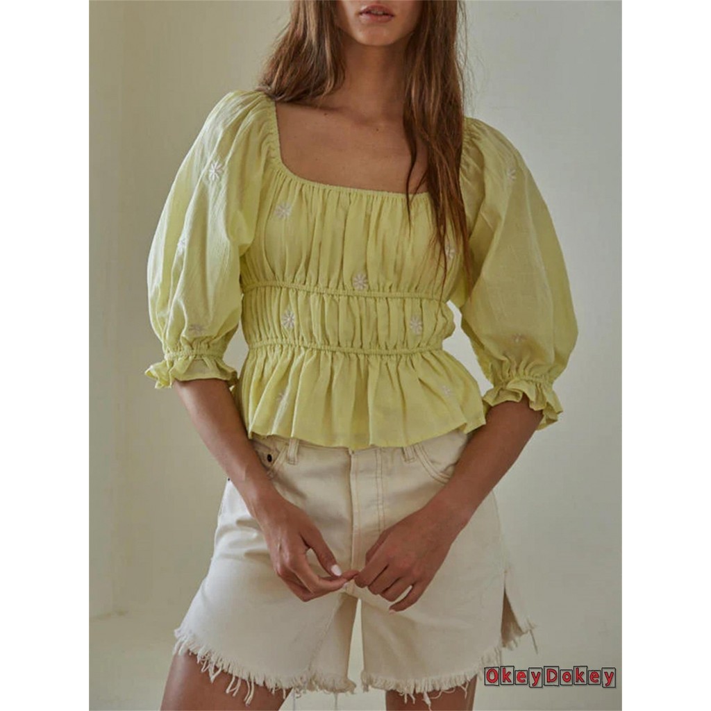 Okdk-áo Peplum mùa hè dành cho nữ Áo thun thêu hoa nửa tay cổ vuông Slim Fit