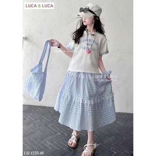 13-45kg (hàng thiết kế) Set áo phông xanh mix chân váy kẻ dài Luca