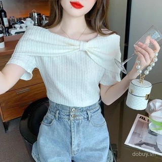 Mùa Hè 2025 Mới Nữ Nơ Chi Tiết Vai Ngắn Tay Thiết Kế Áo Voan Top Độc Đáo Và Phong Cách Áo
