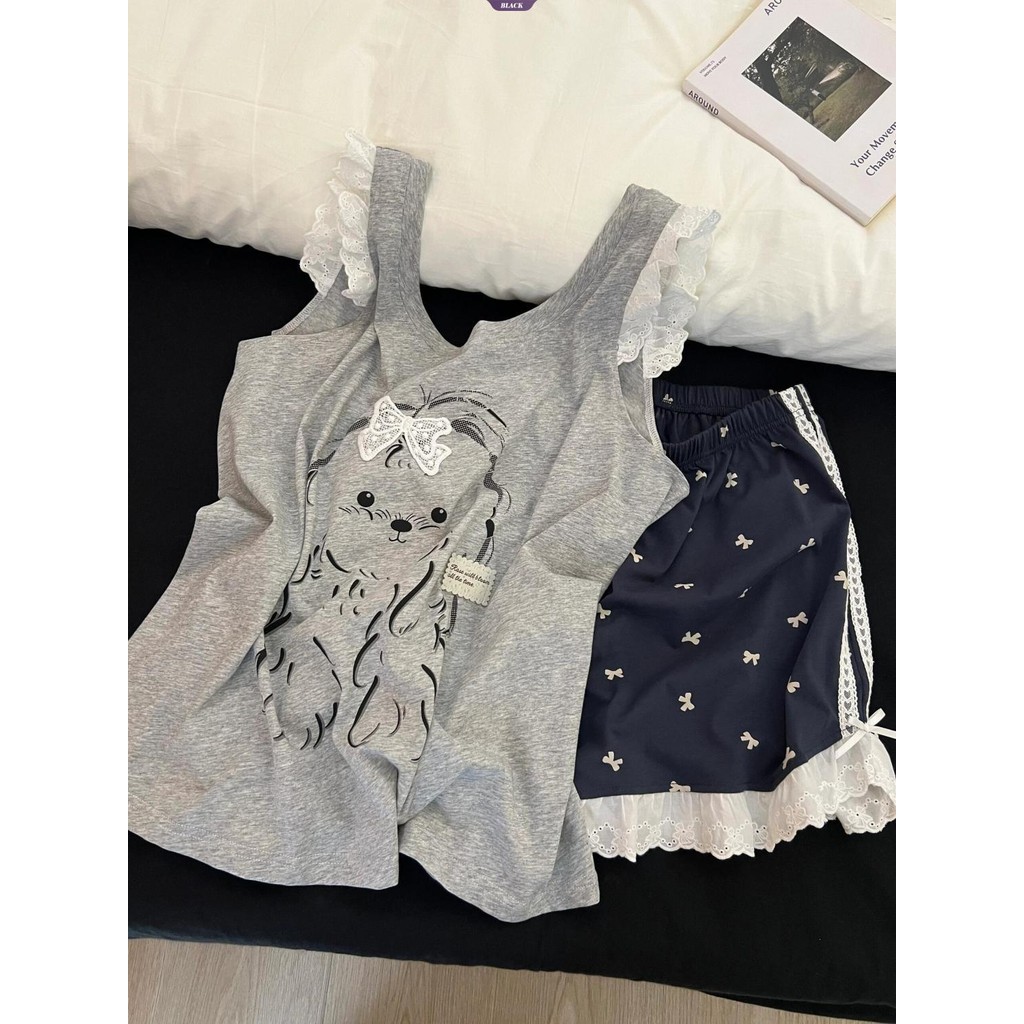 Bộ đồ ngủ nữ áovest quần short kiểu chó con tóc xoăn hoạt hình, mới 2025, phù hợp ngày thường [BL]