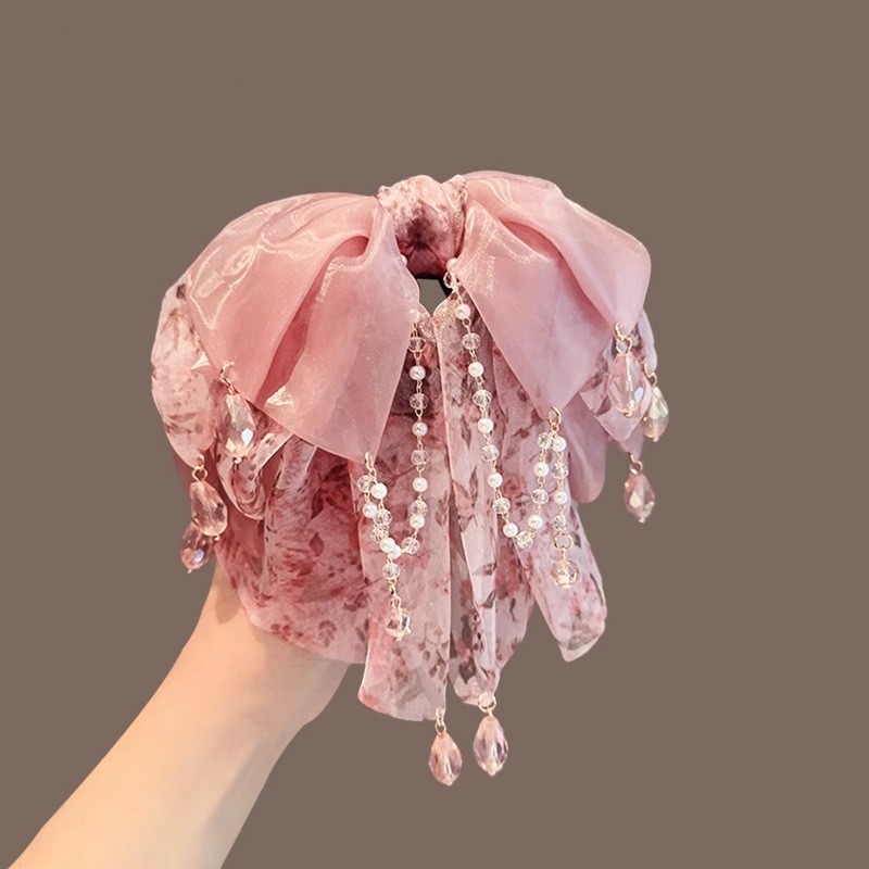 MAUROPOLI [Sẵn Sàng] Mặt Dây Chuyền Voan Màu Hồng Cổ Tích Nơ Hoa Đuôi Ngựa Kẹp Phong Cách Mới Cao Cấp Siêu Tính Khí Kẹp Tóc Tua Rua Tinh Tế