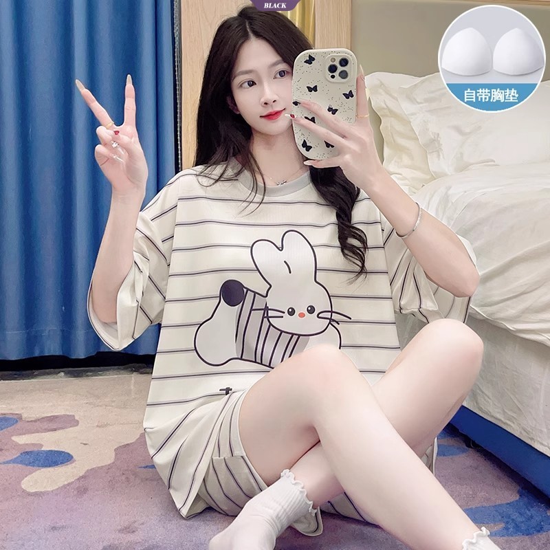 Bộ đồ ngủ Hachiware Sọc dễ thương Chiikawa Usagi Nữ Mùa hè có đệm ngực Quần Short tay ngắn Bộ đồ chờ [BL]