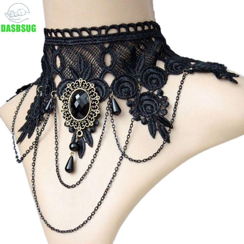 Dasbsug Gothic Pha Lê Đen Ren Cổ Choker Hip Hop Cổ Vòng Cổ Xương Đòn Dây Chuyền