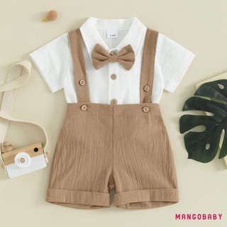 MG-Toddler Boy Gentleman Trang phục áo liền quần ngắn tay màu trơn có dây buộc nơ và quần yếm Bộ quần Short để mặc trang trọng