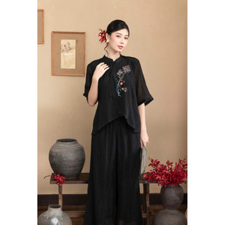 SWANLAKE | Set Bộ Dài Cổ Trụ Tay Lỡ Chất Liệu Xốp Hàn Thêu Hoa Pháp Phục Trung Niên Tặng Mẹ - B12119