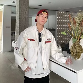 Gksss Áo khoác da nam cao cấp Mỹ dáng rộng giản dị trung tính hợp thời trang Áo khoác xe máy da PU