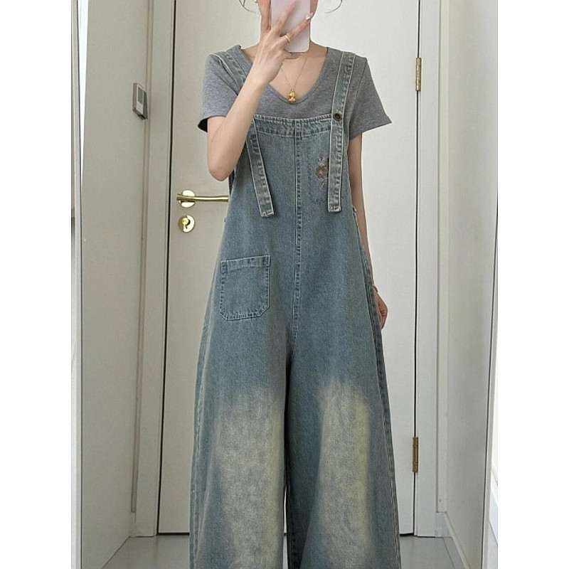 [YU]Quần yếm denim nữ trẻ trung, ống rộng thoải mái, thiết kế jumpsuit thẳng hiện đại.