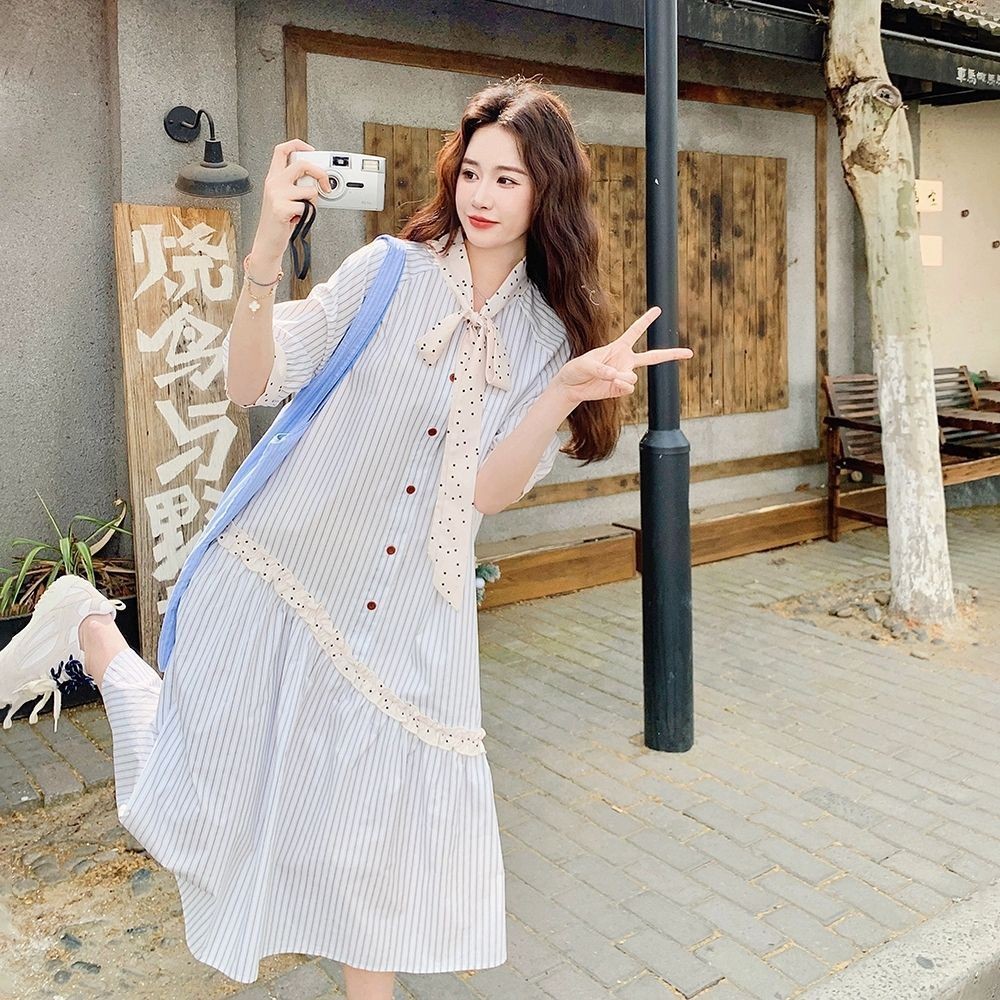 [YU]Set đồ nữ kiểu Hàn, váy midi xanh nhạt phối sơ mi rộng chấm bi, phong cách đại học.