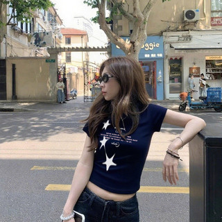 áo thun nữ âu mỹ Xanh tím than xinh girl phố cổ tròn thời trang hè áo baby tee ôm body Eleclassm