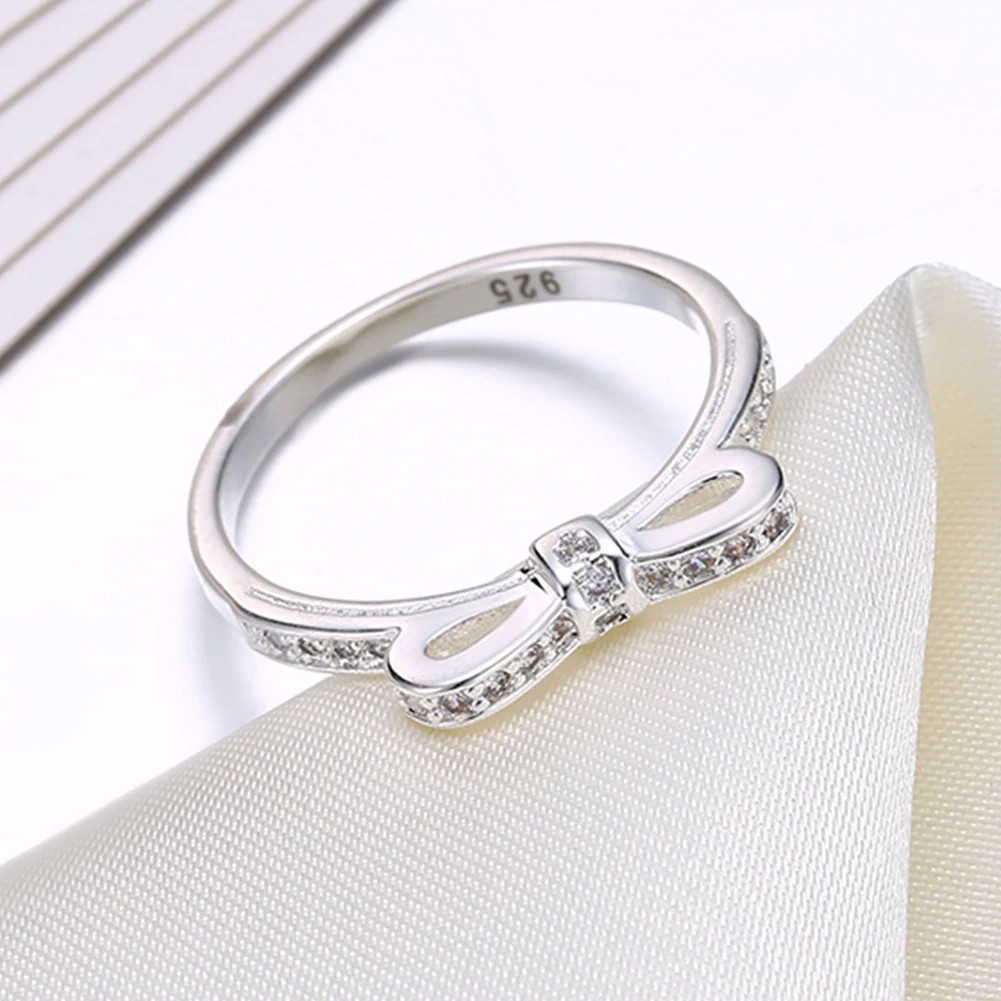 Bạc 925 Đơn Giản Nơ Pha Lê Nhẫn Nữ size 6-10 Sang Trọng Thời Trang Cưới Trang Sức