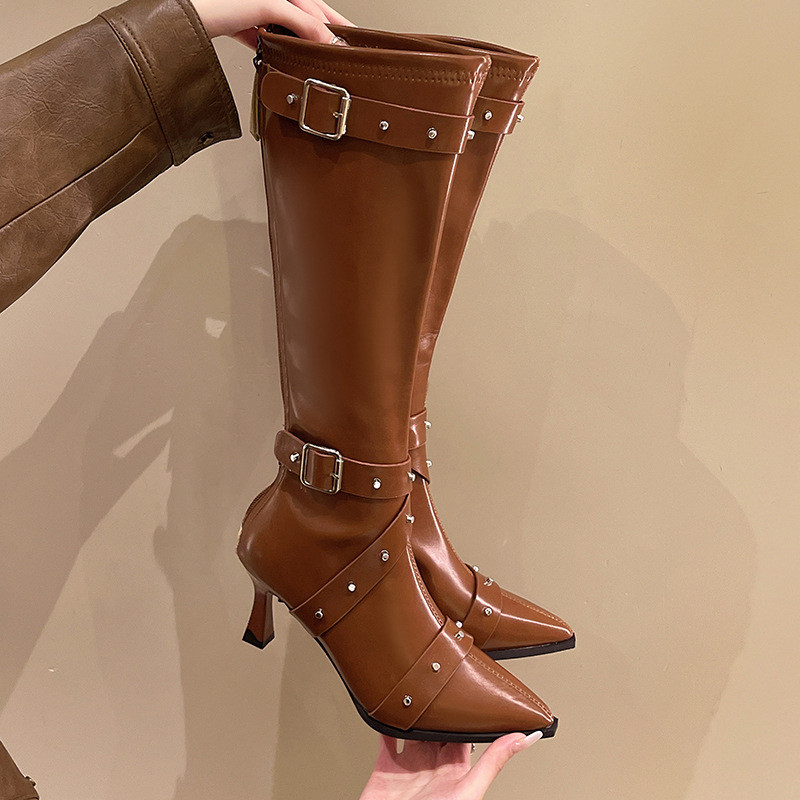 Mùa Thu Đông Phong Cách Mới Đinh Tán Thắt Lưng Khóa Giày Cao Giày Nữ Mũi Nhọn Thời Trang Stiletto Co Giãn Giày Bốt Mỏng