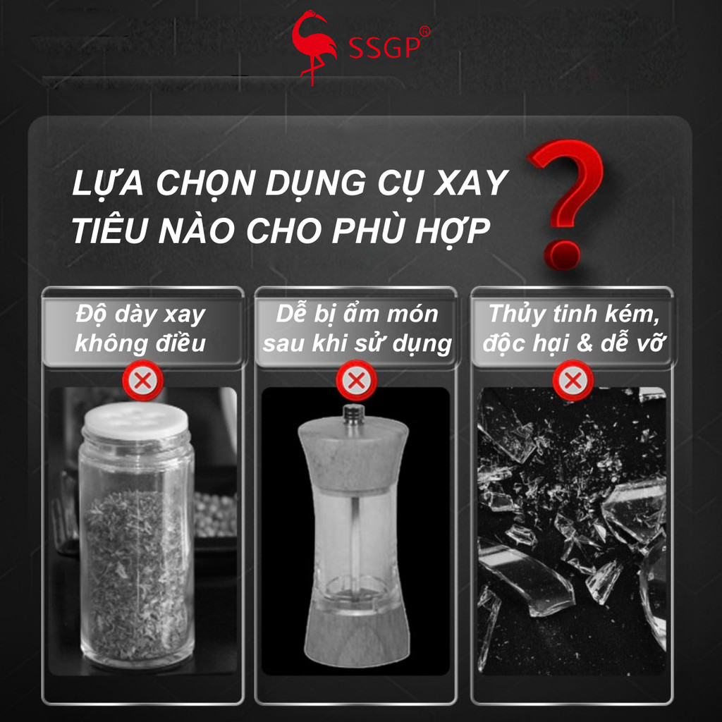 Dụng cụ xay tiêu cầm tay Inox 304 cao cấp của SSGP , SS14401 lọ xay tiêu, xay tiêu thủy tinh