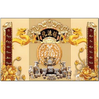 Tranh in canvas hình thờ, tranh câu đối, liễng thờ, mâm ngũ quả, tranh in 3D phía sau bàn thờ nhiều mẫu