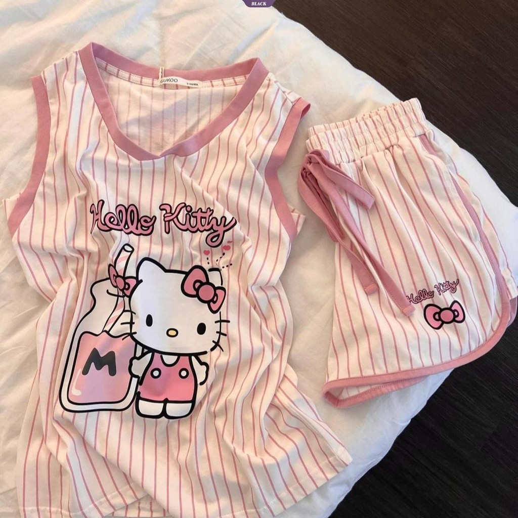 Bộ Đồ Ngủ Hellokitty Dễ Thương Không Tay Nữ Mùa Hè 2025 Quần Short Sọc Thường Ngày Mới Homewear [BL]