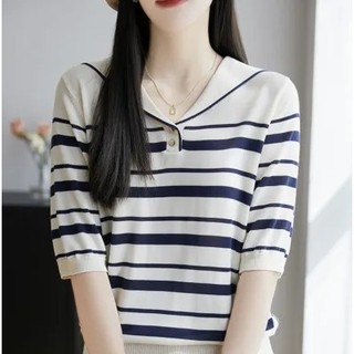 Retro Sọc Tay Ngắn Phong Cách Hàn Quốc Băng Lụa Dệt Kim Rời Phong Cách Phương Tây Cổ Áo Thun Mỏng Mùa Hè Áo Thun Top Tencel Áo Thun