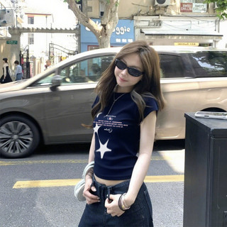 áo thun nữ âu mỹ Xanh tím than xinh girl phố cổ tròn thời trang hè áo baby tee ôm body Eleclassm