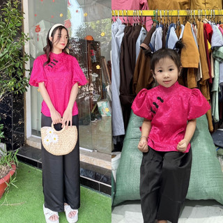 set cổ tàu gấm tay phồng, mẹ và bé gái (bán riêng từng set)