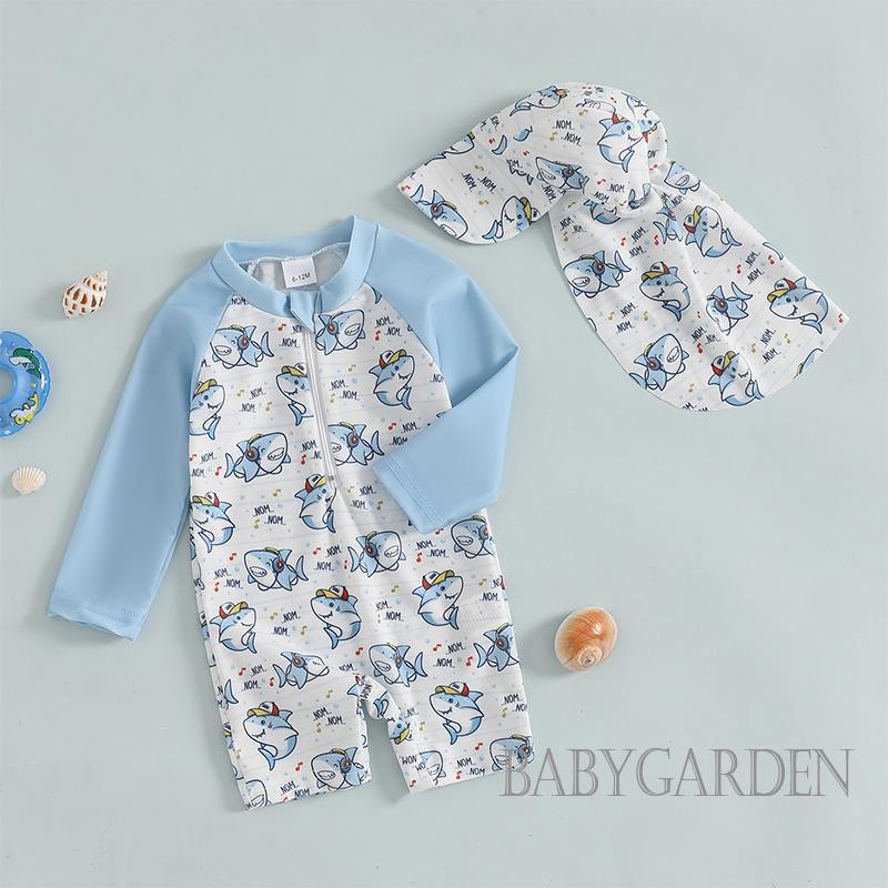 / / -6Month-4 Tuổi Đồ bơi bảo vệ phát ban cho bé trai có mũ Khủng Long / Cá mập Bộ đồ tắm có khóa kéo dài tay in hình cá mập