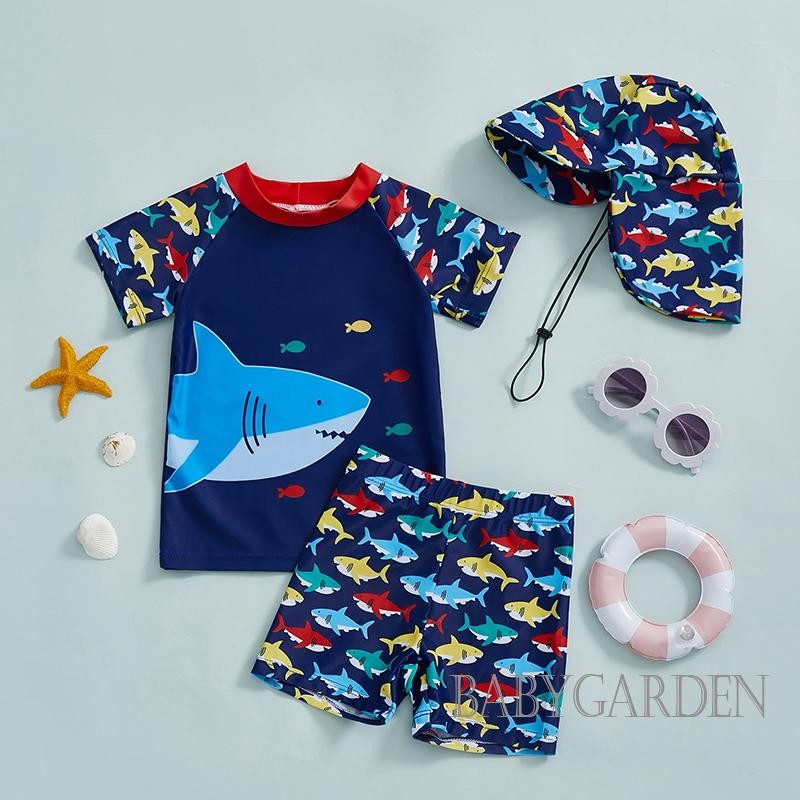 / / -0-4 Tuổi Bộ đồ bơi bé trai tập đi in hình cá mập Áo bảo vệ phát ban ngắn tay + Quần Short + Mũ chống nắng 3 chiếc Trang phục bộ đồ tắm