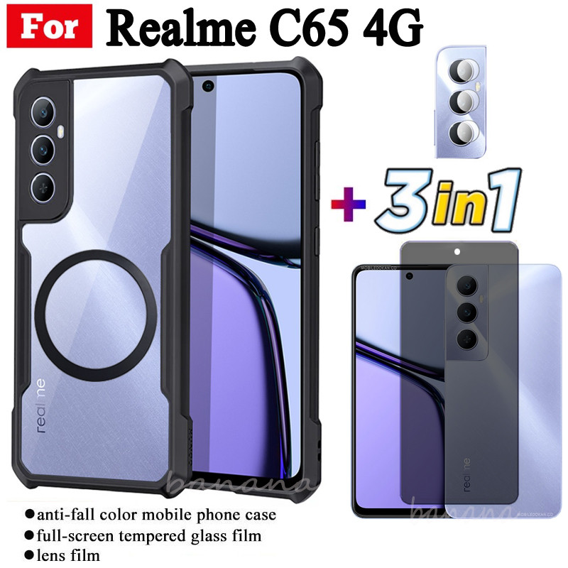 Ốp điện thoại chống sốc 3 trong 1 Realme C65 4G có nhãn dán sạc không dây từ tính cho Realme C75 C67 C61 C63 C53 C51 Note 50 60 Kính cường lực bảo vệ toàn diện + Phim ống kính
