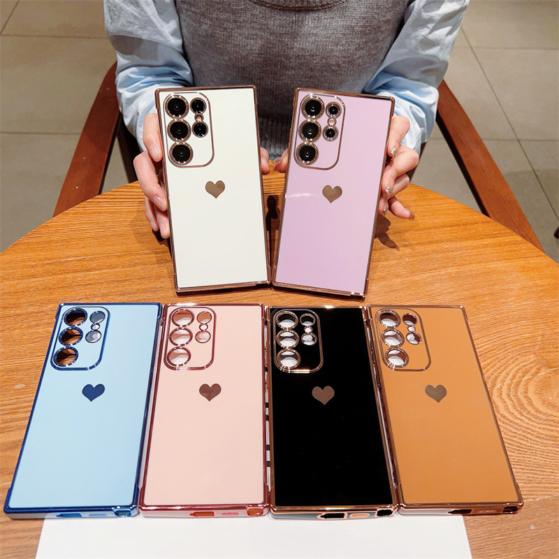 Ốp Mạ Sang Trọng Cho Samsung Galaxy S25 S24 S23 S22 Ultra Plus S24 S23 S21 S20 FE Love Heart Side Pattern Vỏ Điện Thoại Chống Sốc