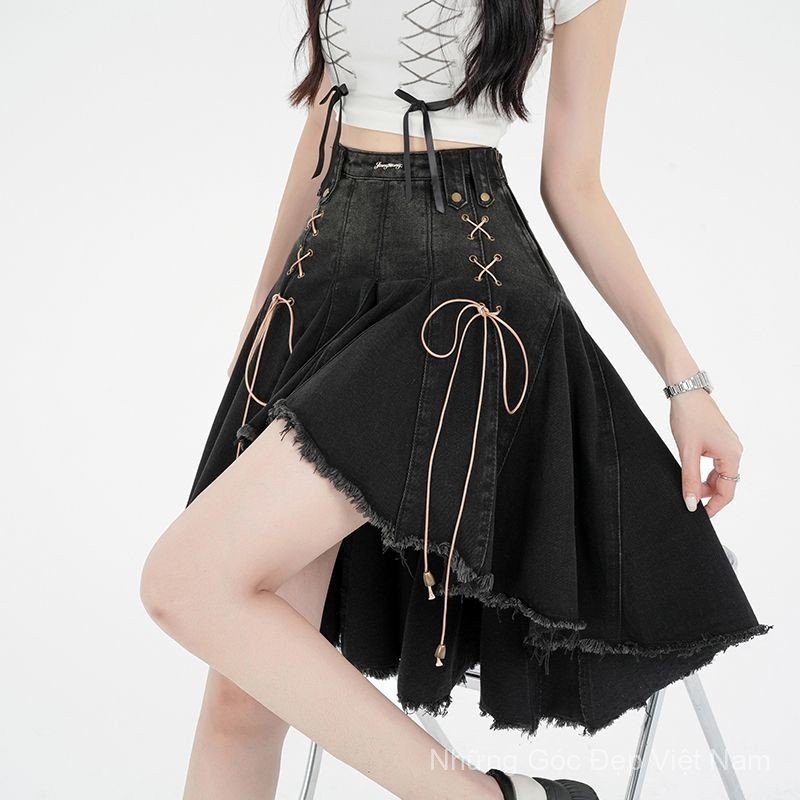 [Giảm Giá] Váy denim xếp ly đen retro, phong cách mới cho mùa hè, ôm body quyến rũ - QVTK