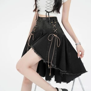 Váy denim xếp ly đen retro, phong cách mới cho mùa hè, ôm body quyến rũ - QVTK