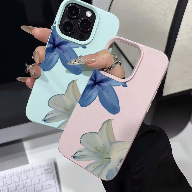 Ốp Điện Thoại Họa Tiết Lily Màu Xanh Thanh Lịch Cho iPhone 16 Pro Max 15 14 13 12 11 XS X XR 16 Plus 16e Ốp Lưng Mềm Chống Sốc