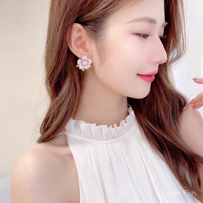 Pháp Vintage ánh sáng màu tím pha lê bông tai stud 925 bạc kim cho phụ nữ nhỏ thiết kế cá tính nhẹ sang trọng ngọt ngào tươi mát tinh tế hoa tai stud