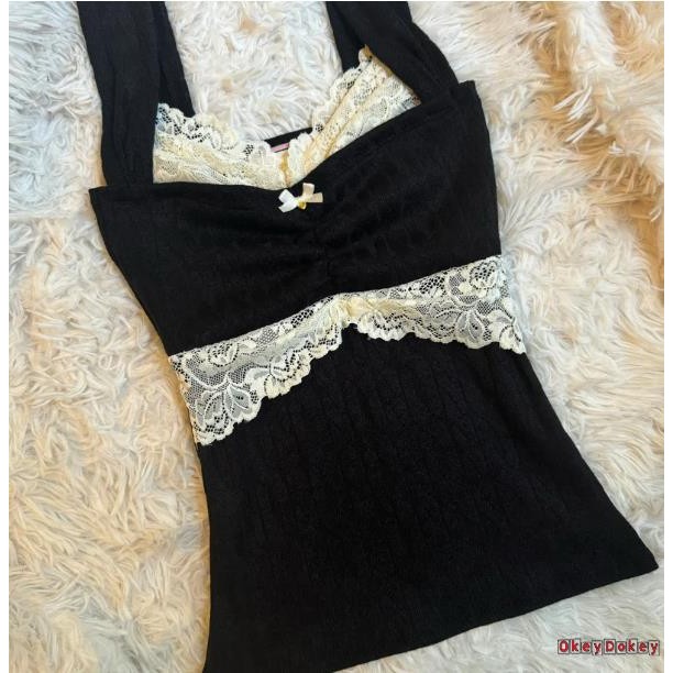 OKDK-90s Vintage Ren Viền Camisole Nữ, Phong Cách Grunge,Slim Fit, Retro Y2K Cottage Crop Top