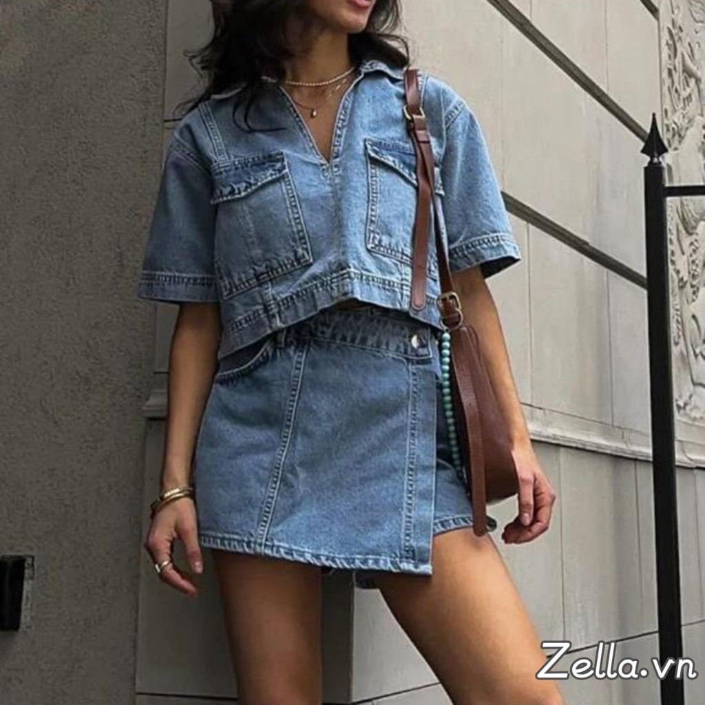 Bộ trang phục Denim 2 mảnh dành cho nữ Áo Jean có ve áo ngắn tay + Bộ quần Short bất đối xứng