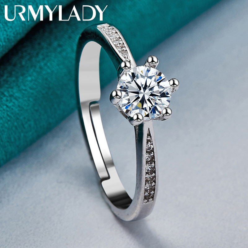 URMYLADY Bạc 925 Sáu Móng Vuốt Nhẫn Zircon Cho Nữ Tiệc Cưới Trang Sức Cao Cấp